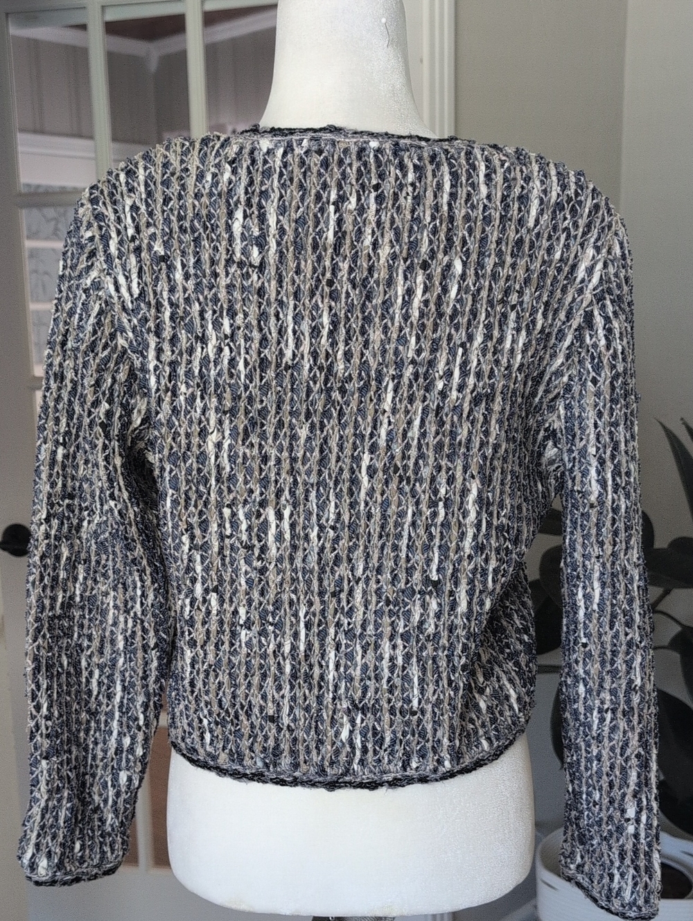 Estelle Womens Blue & Cream Textured Knit Tweed Cardigan Blazer Medium - Picture 4 of 12